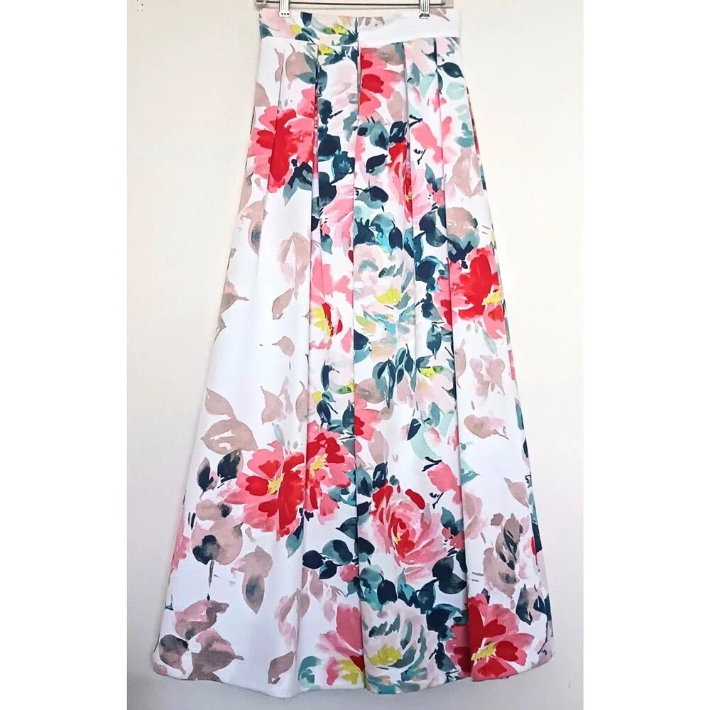 Eliza J Floral Print Pleated Maxi Skirt Ballroom Lined Pockets Sz 6